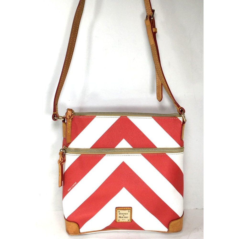 Dooney & Bourke Red and White Chevron Striped Leather Crossbody Shoulder Bag
